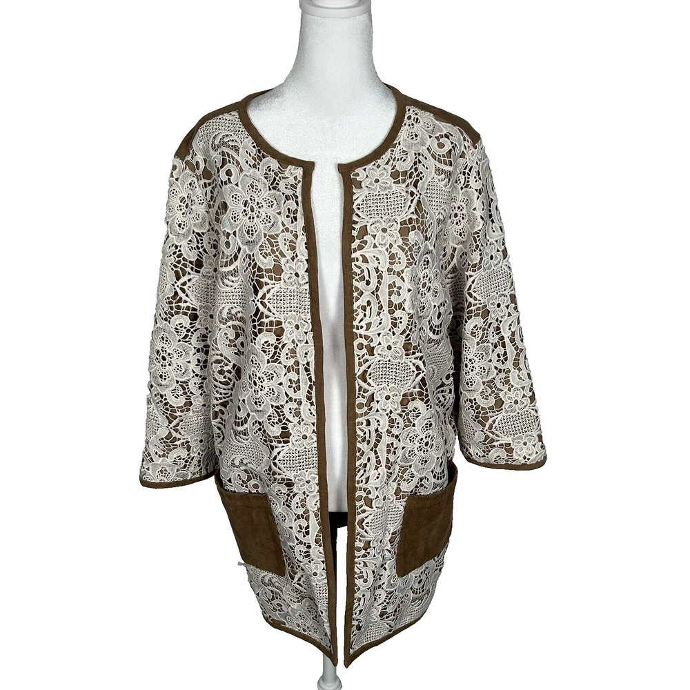 Chicos Cardigan Jacket Top White Lace Tan Suede Size 2 Chicos 12 Business Casual